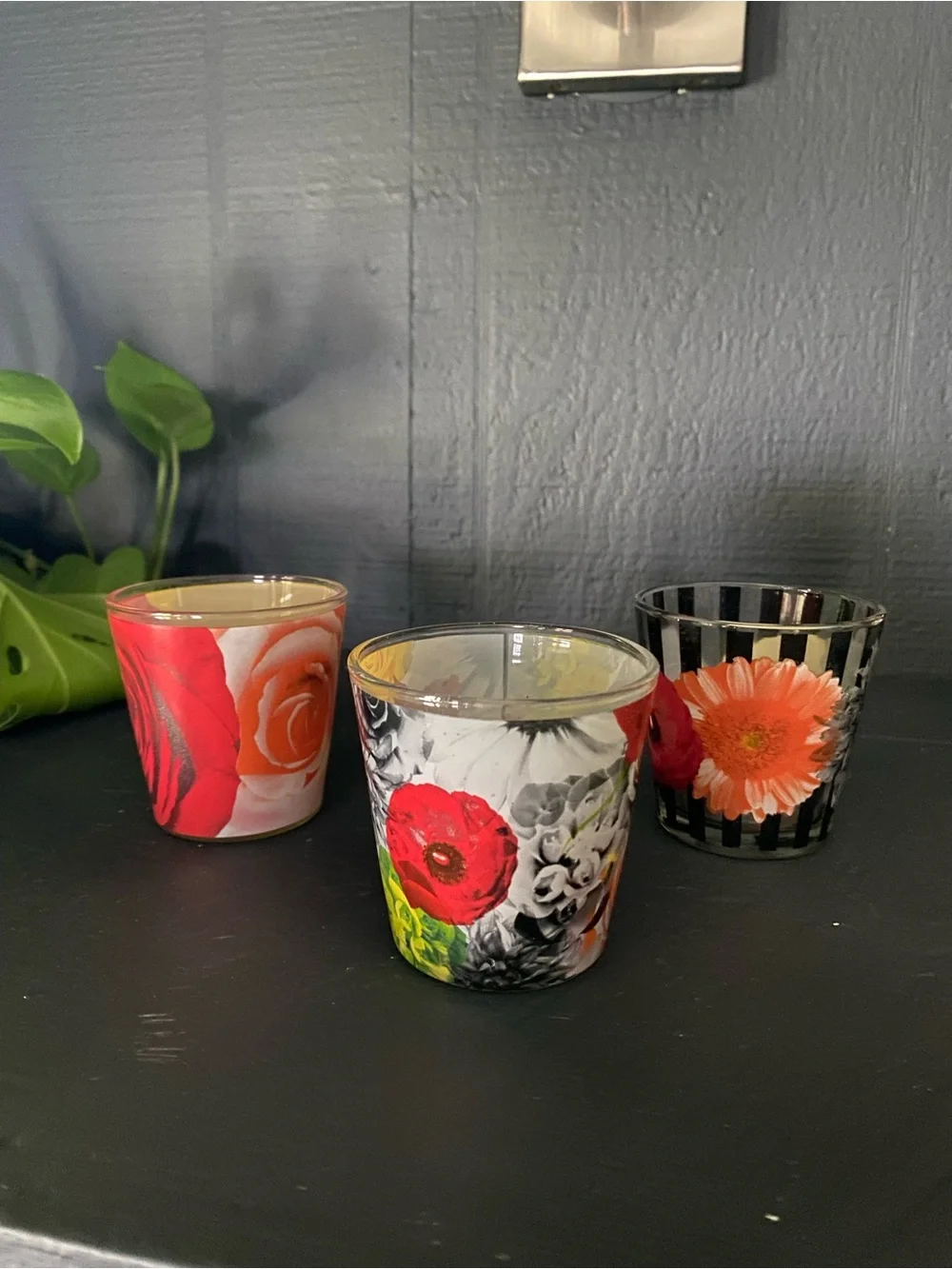 Floral Glass Votive Candle Holder - Red Floral Design